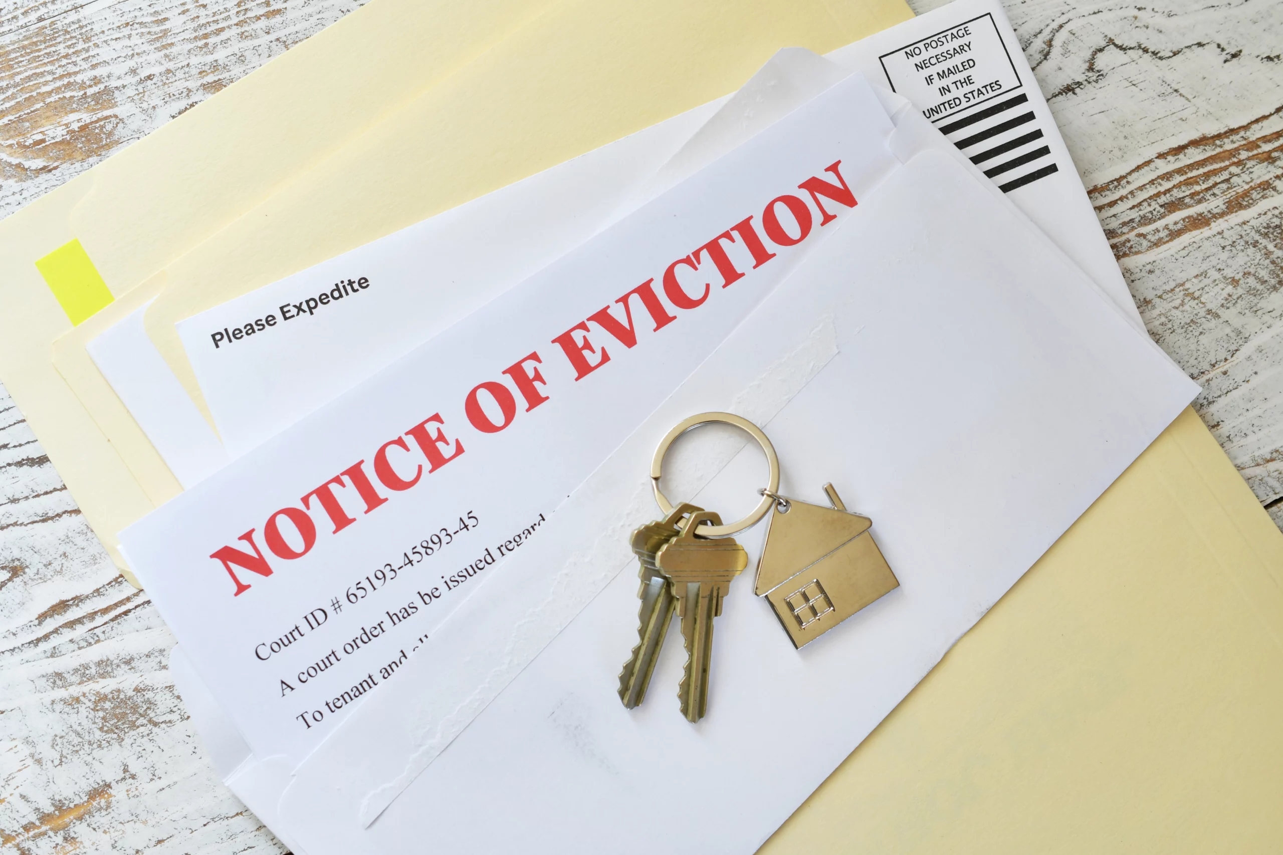 Eviction notice on top of stacked letters with house keys and keychain on a wooden table